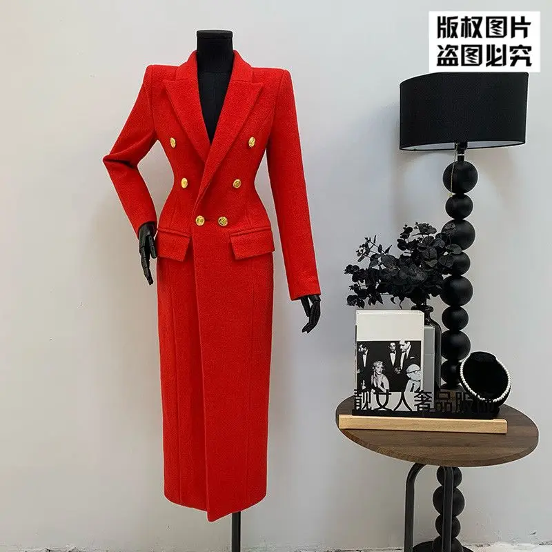 معطف صوف طويل فاخر عالي الجودة للنساء معطف نحيف وطية صدر السترة تصميم مزدوج الصدر معطف واق من المطر بأكمام طويلة ملابس خارجية للسيدات للمكتب #1