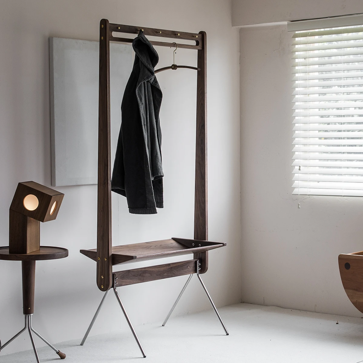 رف معطف أرضي قديم، خشب كرز من الفولاذ المقاوم للصدأ مع رف، تخزين الملابس الشبكية الثانوية #3