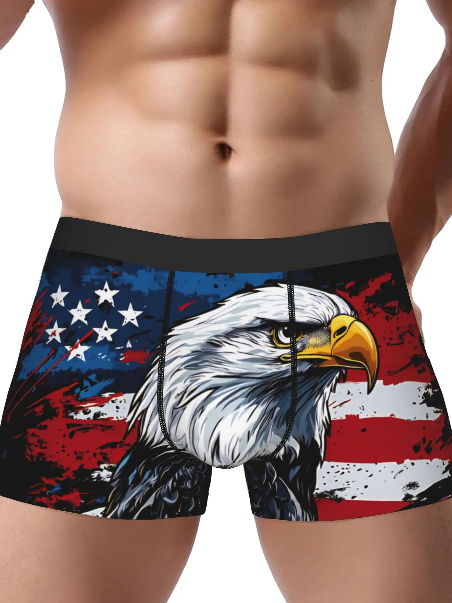 Men'S Patriotic Eagle & American Flag Print Boxer Briefs Stretch Polyester Underwear, Comfort Fit, Black with Red White