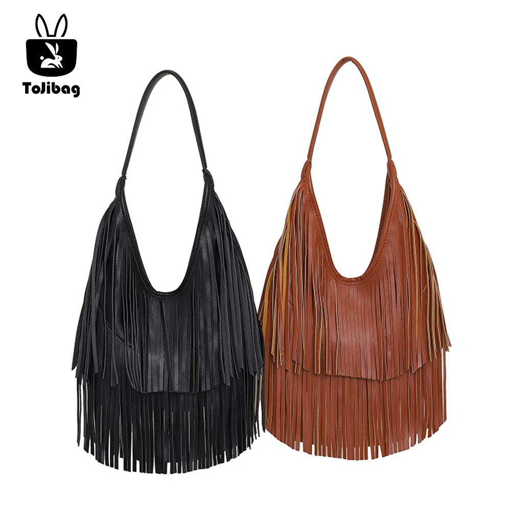 

2025 Long Tassel Hobo Underarm Shoulder Bag Designer Large Capacity Women Tote Bag Trendy Solid Color Soft PU Handbag