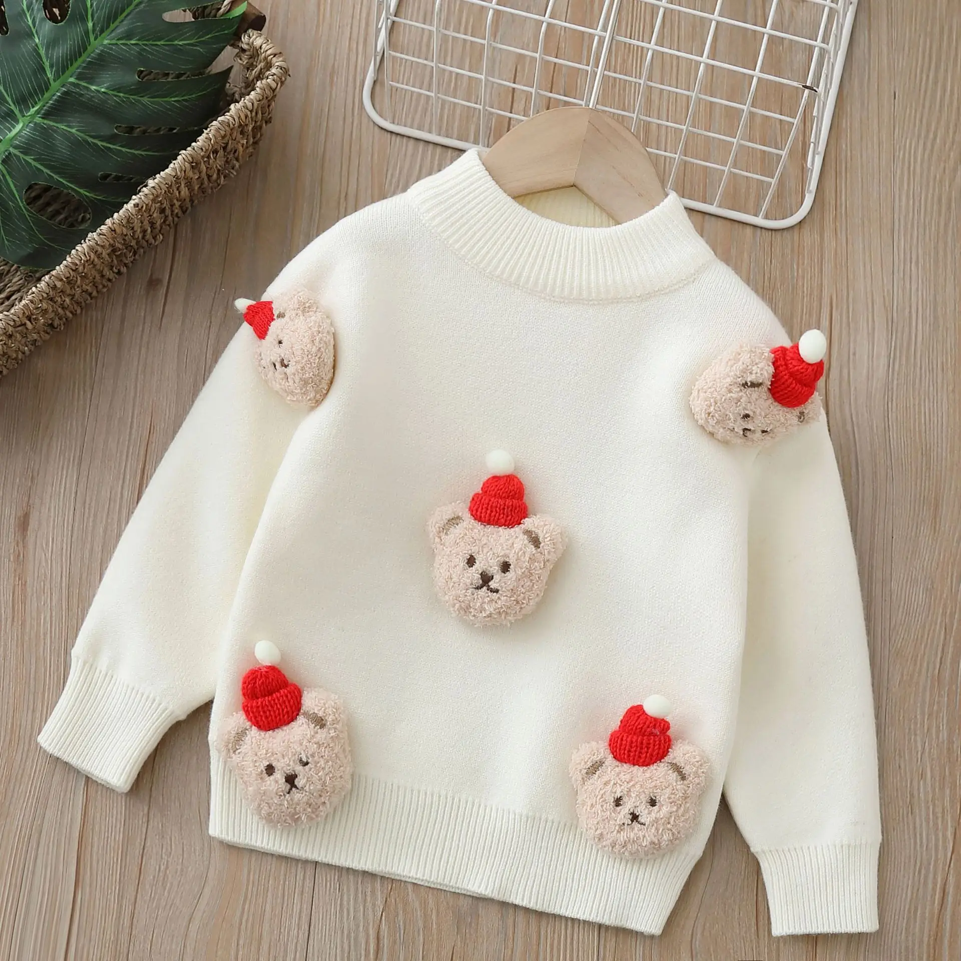 Pull de dessin animé ours tricoté à la main pour enfants, chemise de fond épaissie, vêtements de Noël, garçons et filles, automne et hiver