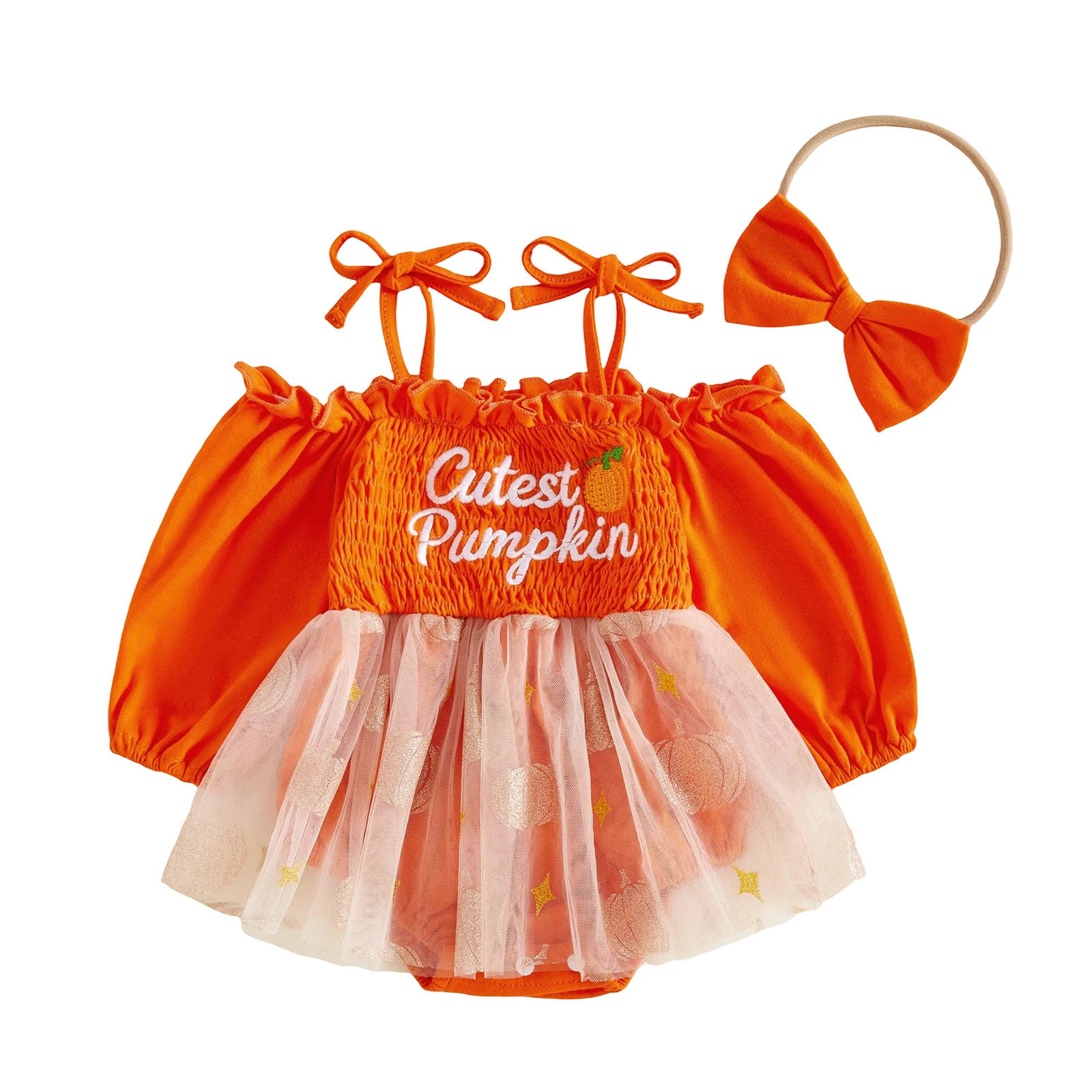 2027 Early Autumn Toddler Baby Girls Long Sleeve Romper Dress Fashion Pumpkin Embroidery Bodysuit Headband