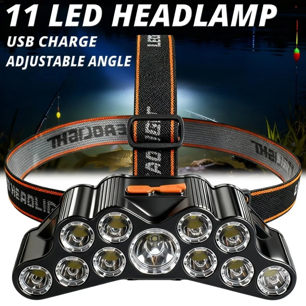 11 LEDs Rechargeable LED Headlamp IPX4 Waterproof Built-in 18650 Battery Outdoor Camping Headlight Rechargeable Battery
