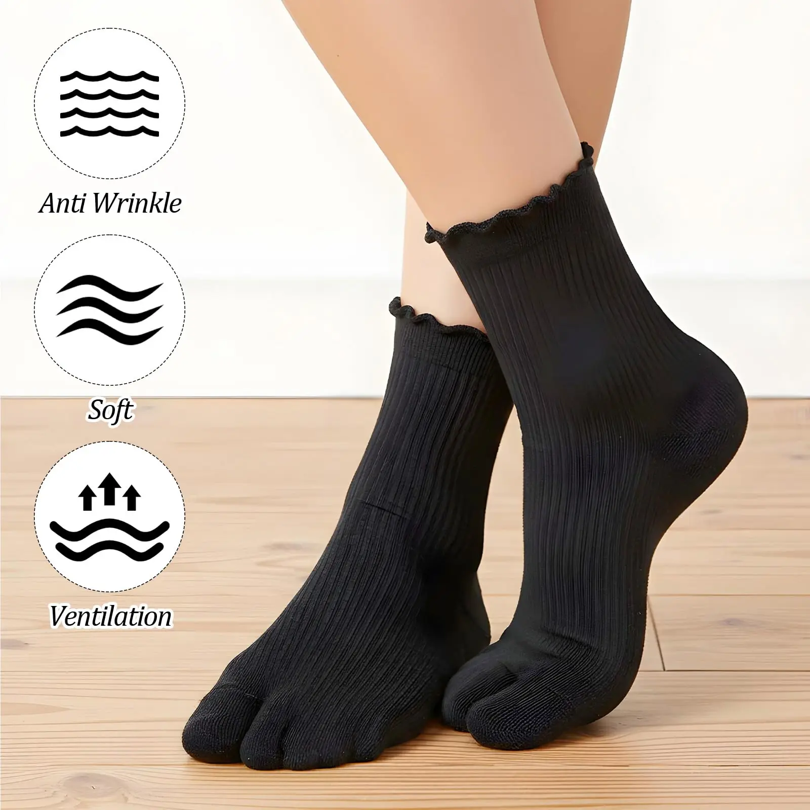 Japanische Baumwoll-Zehensocken mit Rüschenrand für Damen, Einfarbige Zwei-Zehen-Socken, Harajuku Hochelastische Unisex Tabi-Socken – Detail 4