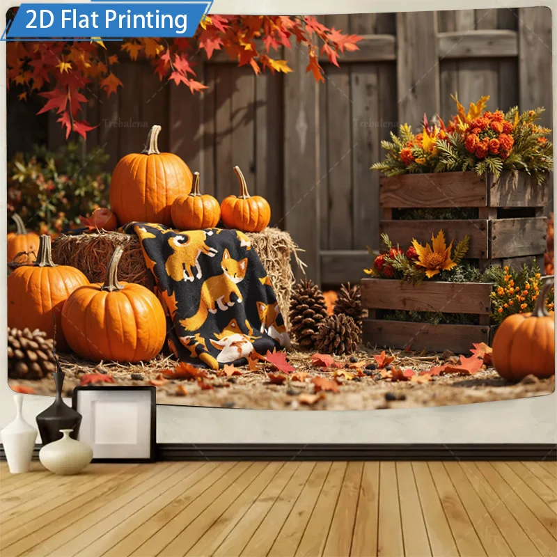 [2D FLAT] 1pc 4x16inch Metal Sign Autumn Harvest Scene Metal Wall Art with Pumpkins and Fox Pattern 2D Flat Print Decor