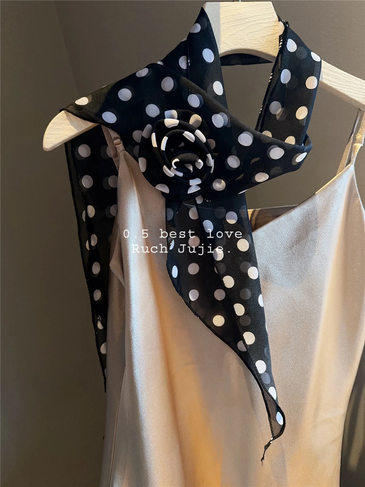 Polka dot multi-purpose silk scarf rose flower clip fashionable decorative scarf headband Korean version versatile