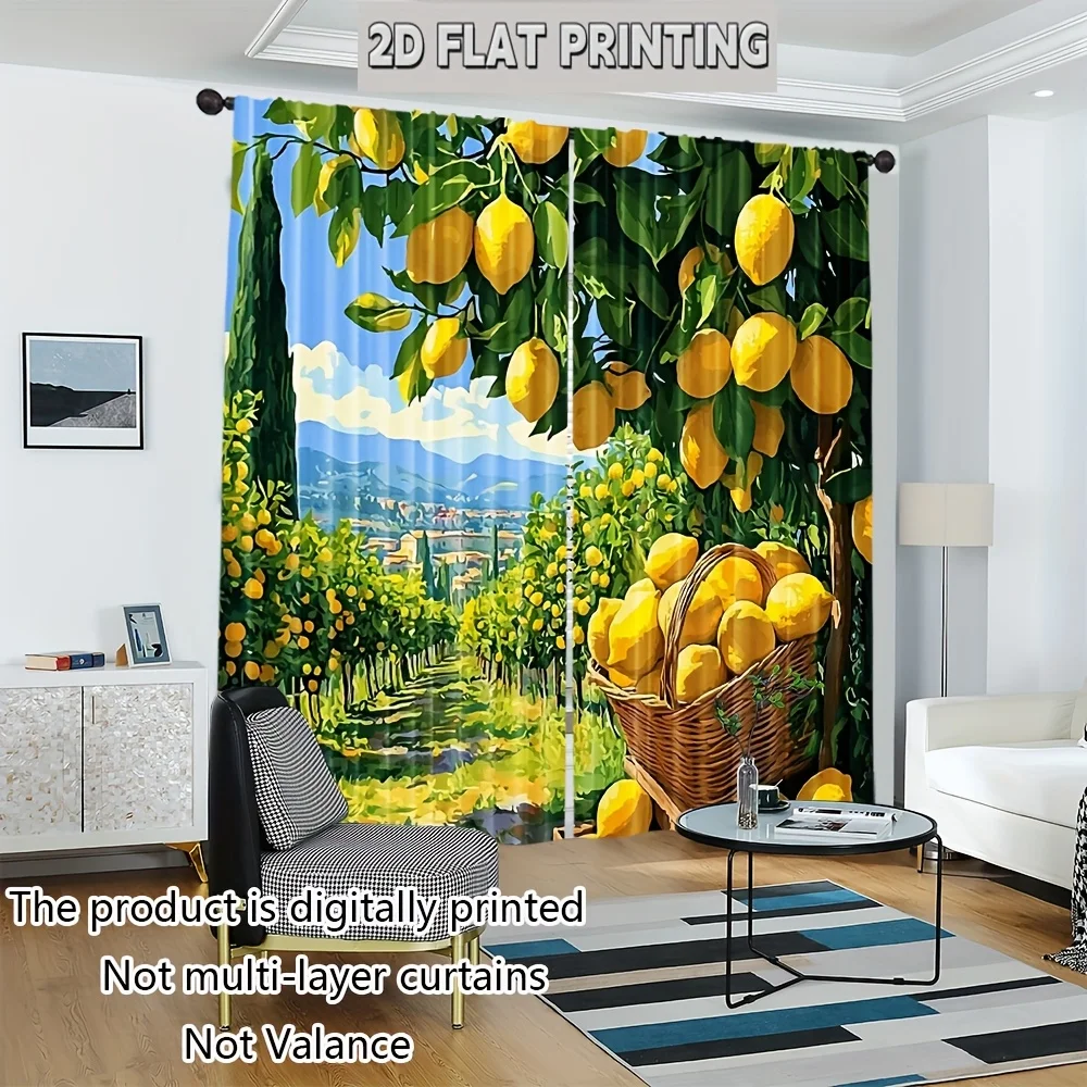 Yellow Lemon Print Curtain Drapes Panel Set for Living Room Window Home Decor Summer Tropical Citrus Landscape Curtain Treatment