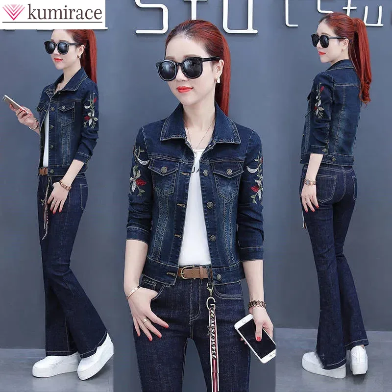 Korean Popular Autumn Vintage Embroidery Denim Jacket Casual Denim Pants Two Piece Elegant Women's Pants Set Street Casual Wear