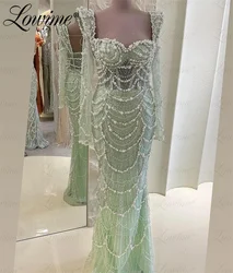 2024 Mint Green Pearl Beading Evening Dresses Robe De Soirée Mermaid Long Sleeve Aso Ebi Party Second Reception Engagement Gowns