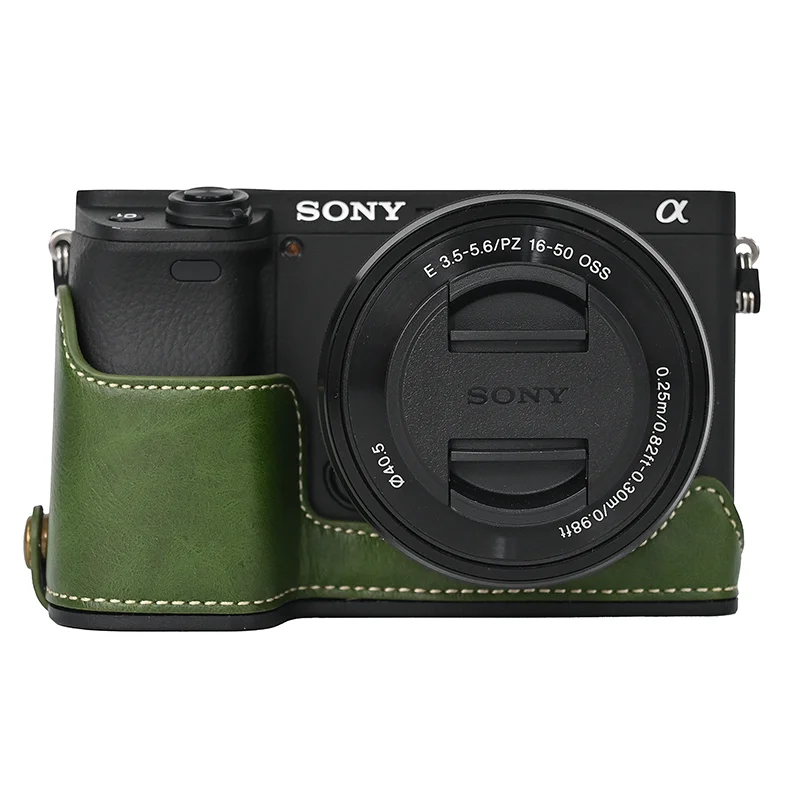 Pu Lederen Case Camera Tas Half Body Base Protector Voor Sony A6400 A6300 A6100 Beschermende Opening Bodembedekking Met Polsband