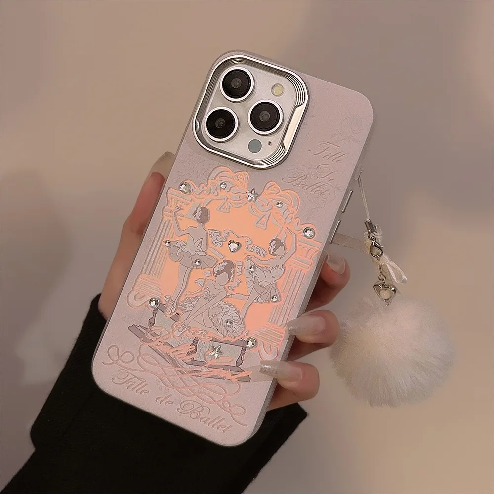 INS Korea Ballet Girl Hairball Phone Case For Iphone 13Pro 15ProMax 14Pro 12 13 14 15 11 Pro Max Cover Fundas