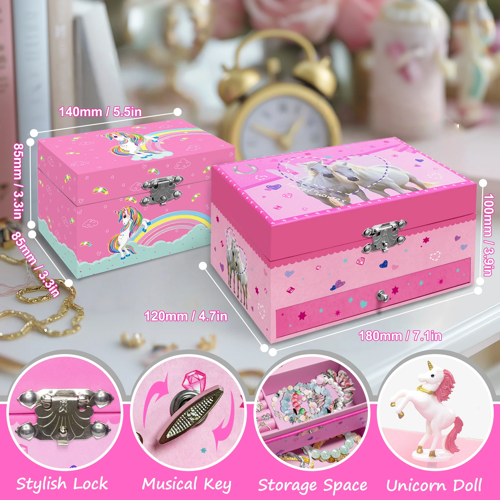 Pink White Unicorn Music Jewelry Storage Box, Wind-Up Rotating Music Box, Ideal Gift for Festival & Daily Jewelry Organizer