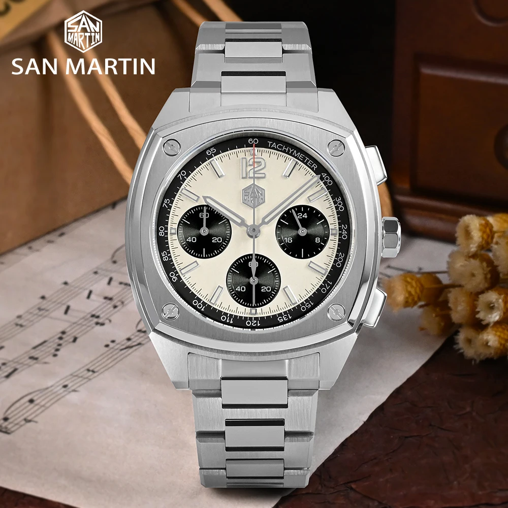 San Martin VK63 New 39.5mm Mens Sport Quartz Watch Stainless Steel Luxury Business Chronograph Waterproof Sapphire Clock Reloj