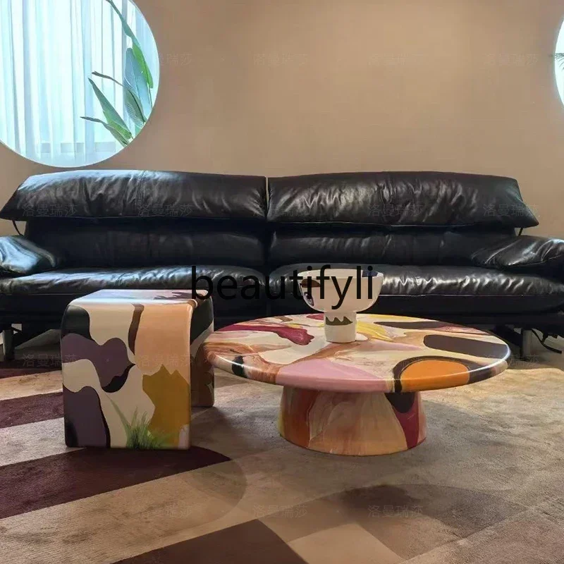 TTT Medieval creative light luxury painted solid wood living room hand-painted oil painting designer personalized round c