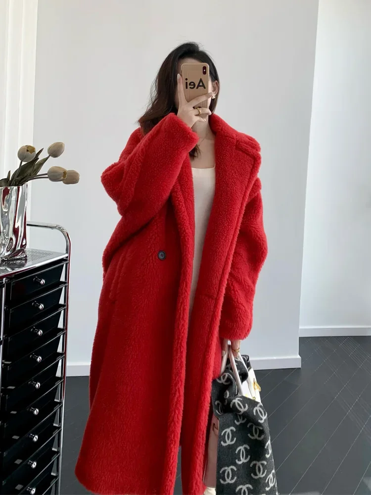 Teddy Bear Coat Geranium Red Teddy Alpaca Fur Profile Long Coat Woman Radiant Fashion Embark on a journey of sartorial splendor