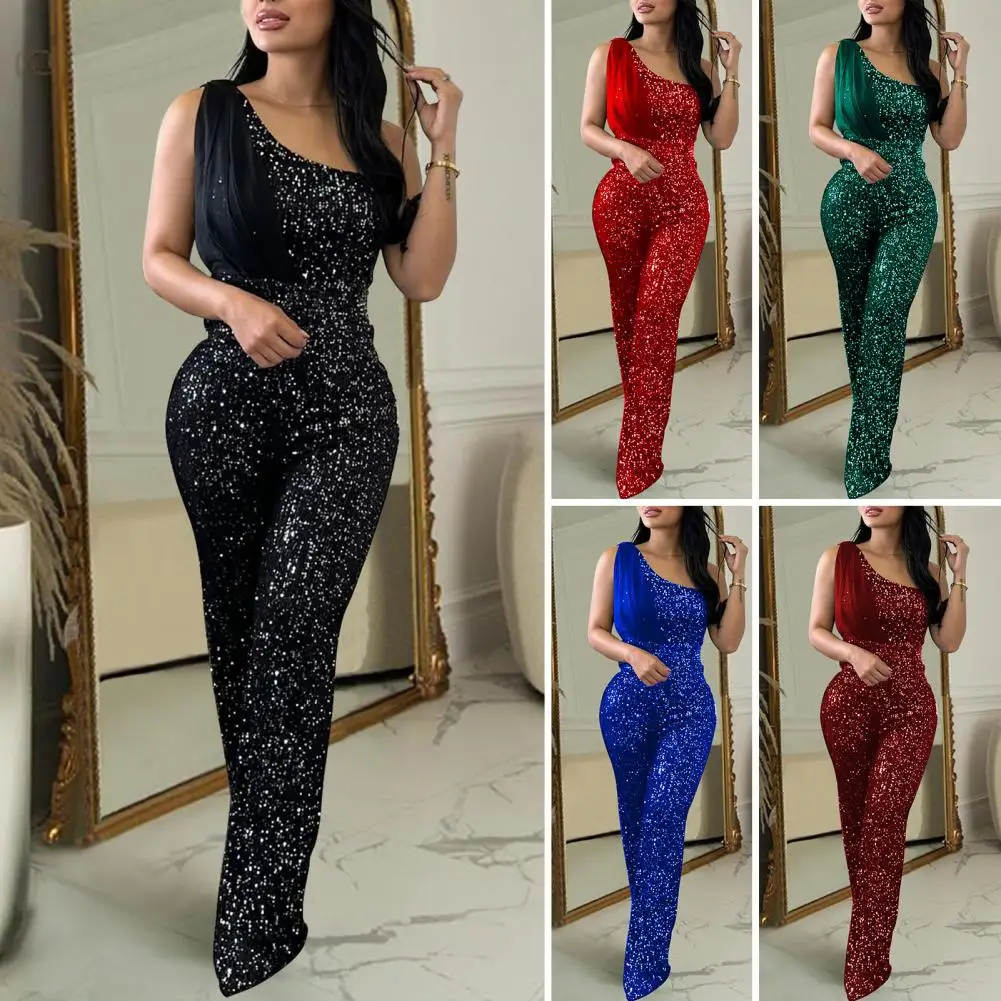 Jumpsuit payet berkilau, Jumpsuit pesta satu bahu payet berkilau untuk wanita elegan Bodycon pakaian untuk malam ulang tahun