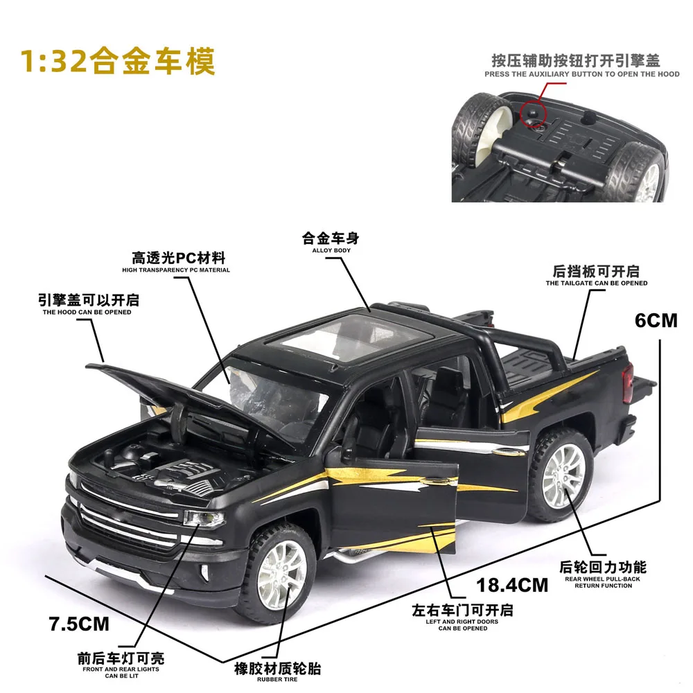 Car model scale 1:32 FOR Chevrolet Silverado Pickup Alloy material car model Car model ornaments Automotive Interior