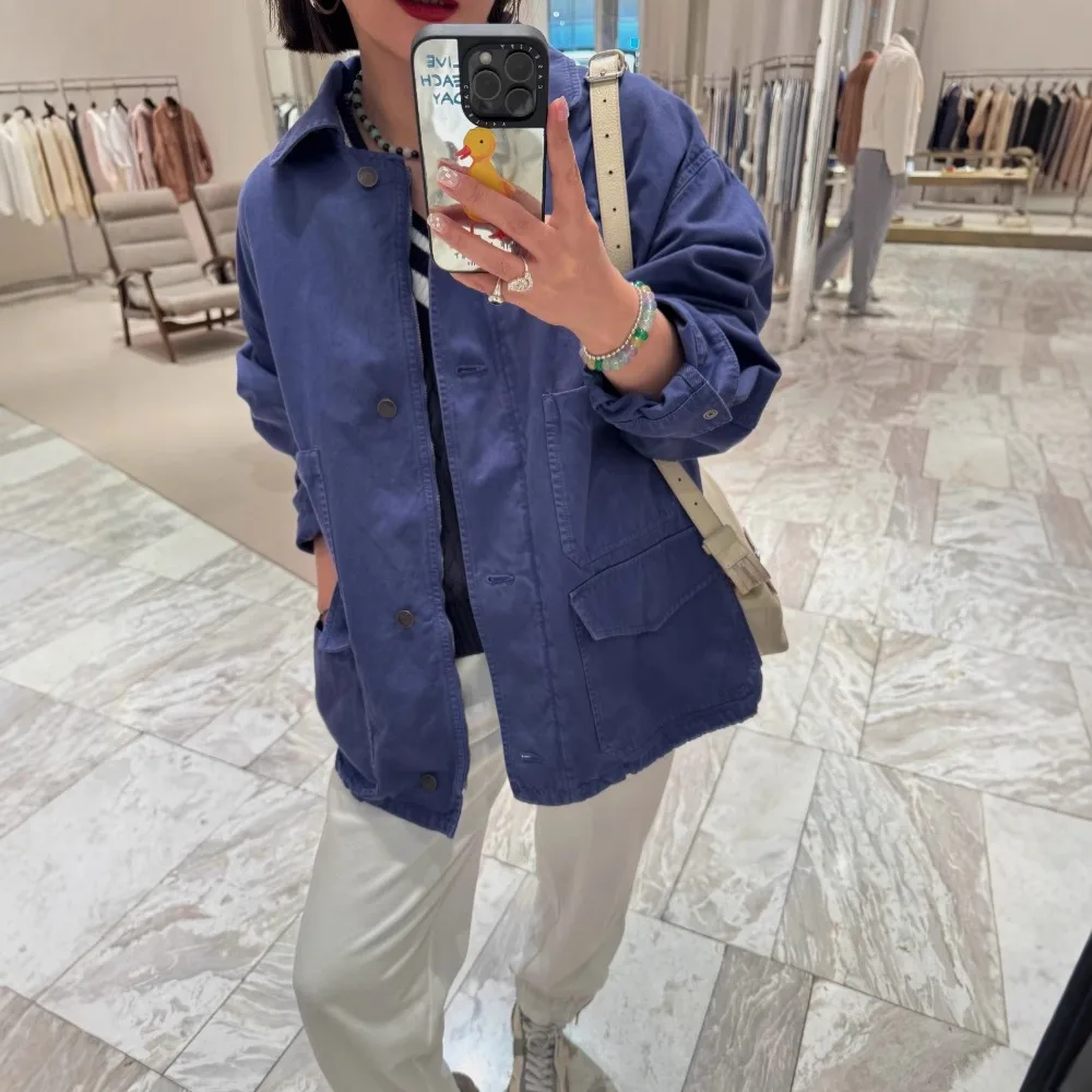 

Новый высококачественный импортный хлопковый костюм с лацканами и несколькими карманами в рабочем стиле, модная простая повседневная куртка, прямой брючный костюм