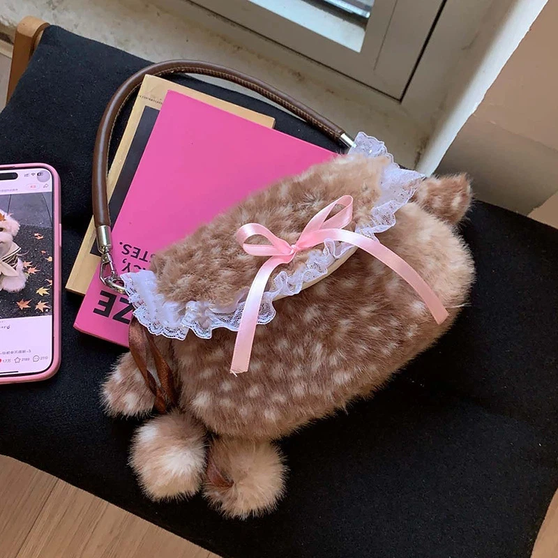 

Плюшевая сумка с изображением лося и оленя, милая кружевная сумка с бантом и декором из искусственного меха, винтажная коричневая сумка с верхней ручкой, сумка с пятнистым узором оленя, сумка для подмышек