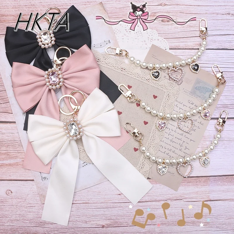 

Japanese Mine Handmade Pearl Chain Rhinestone Heart Shape Bag Pendant Women Sweet Cute Kawaii Big Bow Beaded Bag Charms
