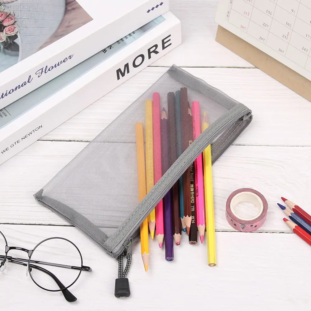 1Pc Nylon Mode Make-Up Handtassen Briefpapier Portemonnee Met Rits Etui Transparant Raster Cosmetische Opslag Mesh Pen Tas