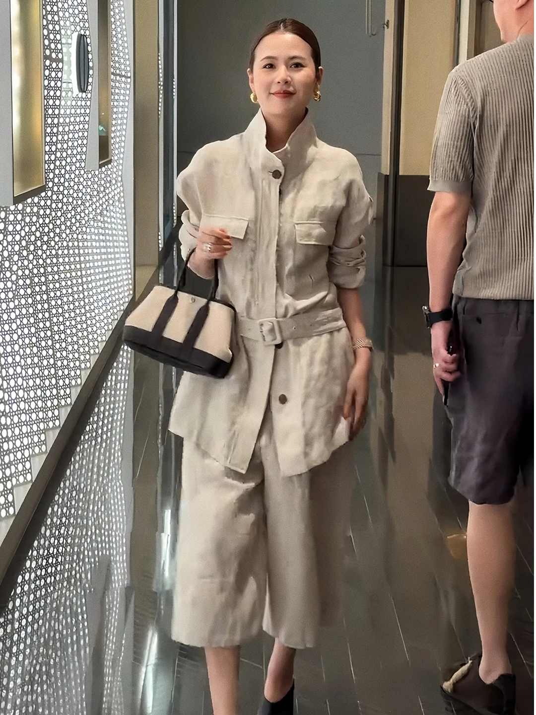 Women's Linen Shirt Tie Waist Commute Workwear Jacket Six-Piece Pants Two-Piece Set Casual Style Mid-Length Loose Fit