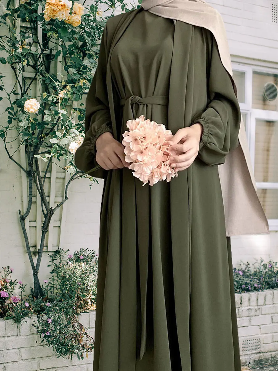 Abaya de Dubái para mujer musulmana, conjunto liso de dos piezas, caftán turco holgado informal con cinturón, Kebaya islámica saudita 2024