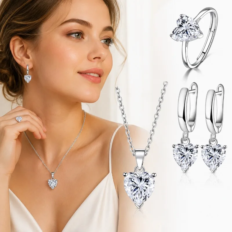 3pcs Zircon Buckle Women's Creative Fashion High-end Heart-shaped Ring Pendant Necklace Love Set Wedding Birthday Gift