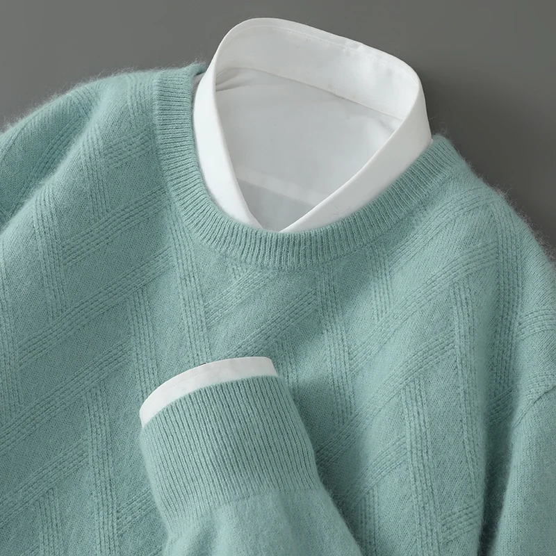 

Men's 100% Mink Cashmere Knitted Sweater Autumn and Winter O-Neck Jacquard Pullovers Fashion Loose Weave Tops Youth Warm Shirts