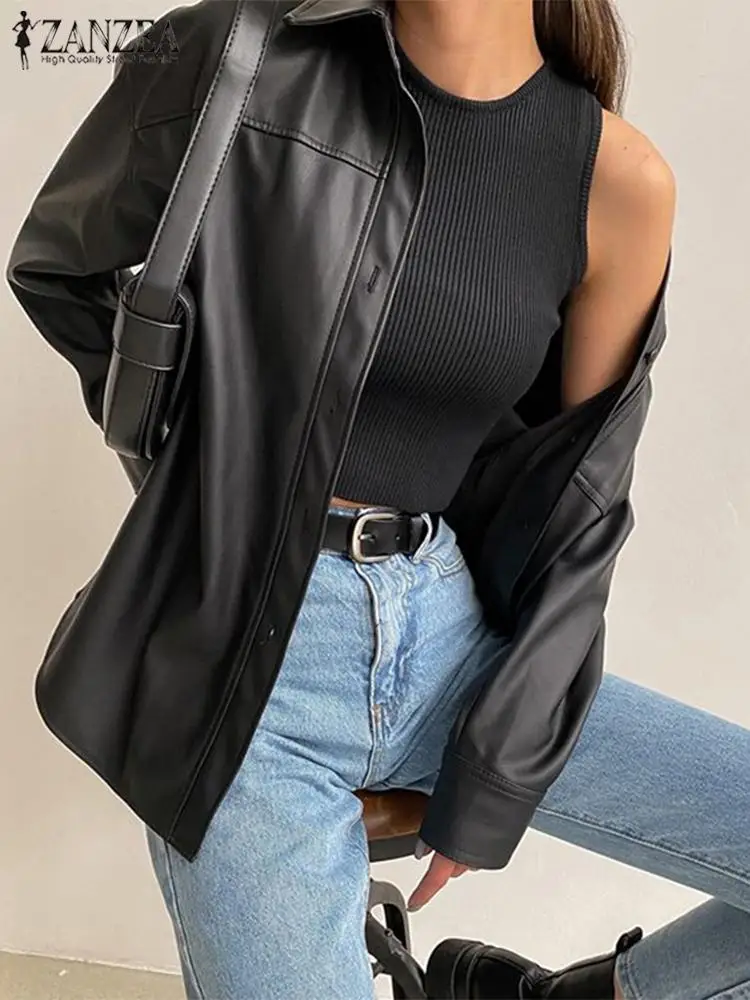 

ZANZEA 2024 Women Lapel Jackets Autumn Long Sleeve Fashion PU Leather Coats Casual Loose Lightweight Streetwear Solid Outerwear