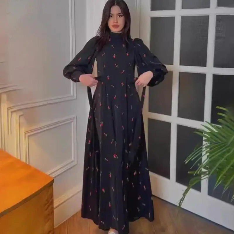 2024 Cherry Printing Elegant Lady Dress Casual Party Dresses for Woman Plus Size Female Maxi Vestidos Full Sleeves Clothing