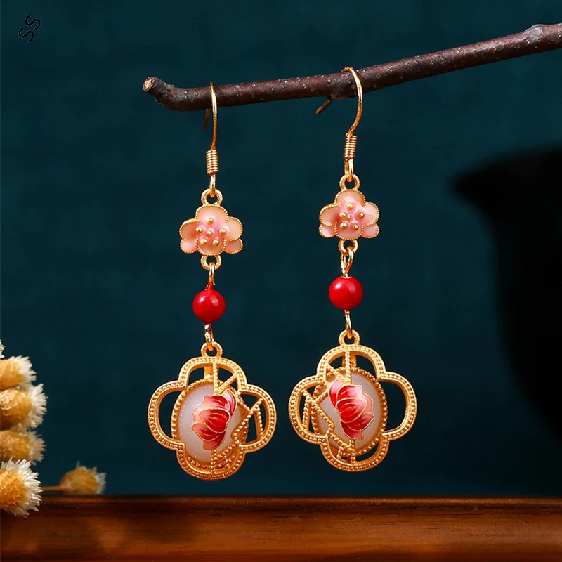 

Vintage National Style Gold-Plated Enamel Lotus Flower Drop Earrings for Women Unique Retro Copper Ear-hook with Faux Jade