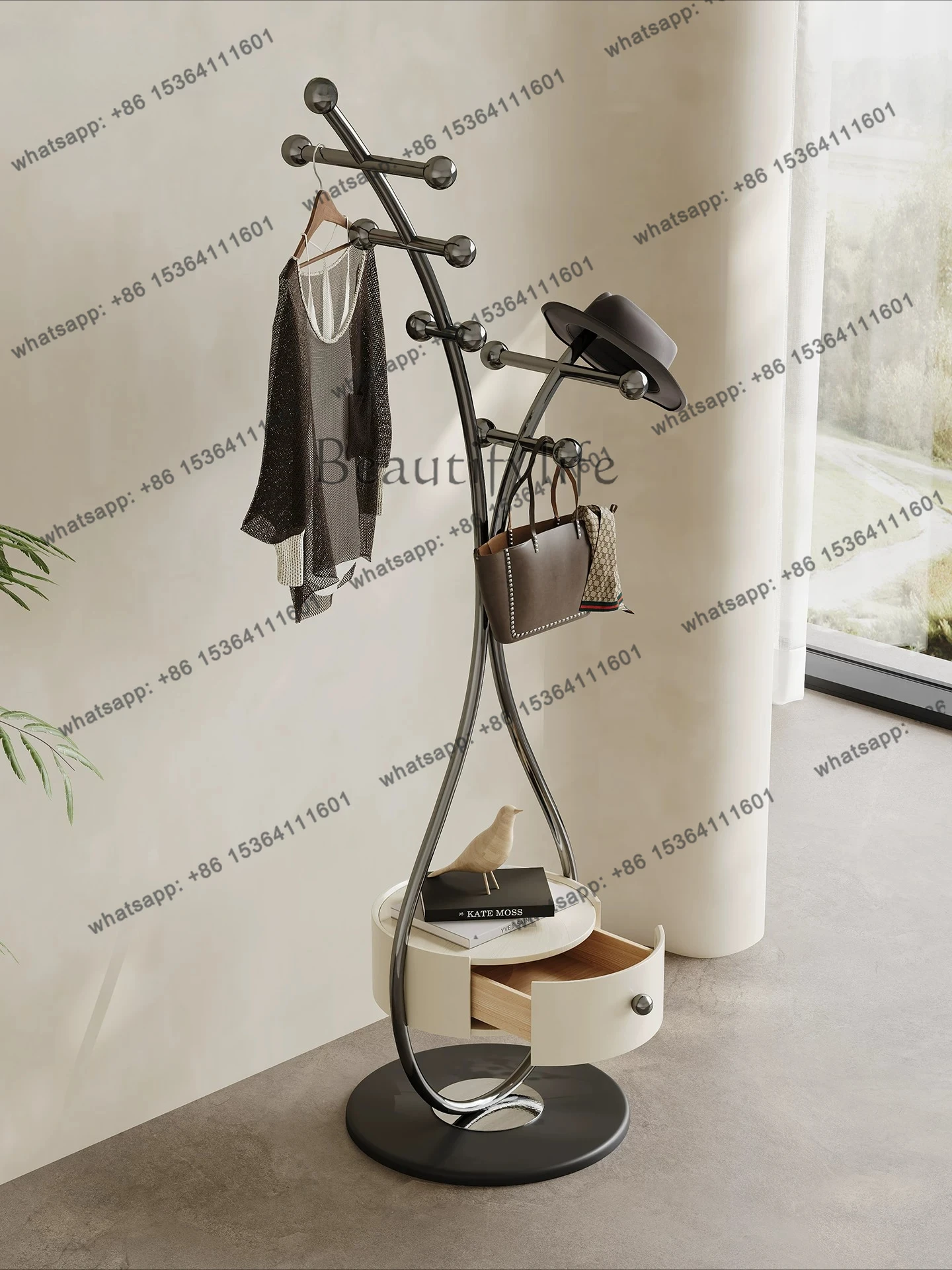 8High-end designer coat rack Pipa creative stainless steel storage bedside table bedroom floor-to-ceiling storage hanger