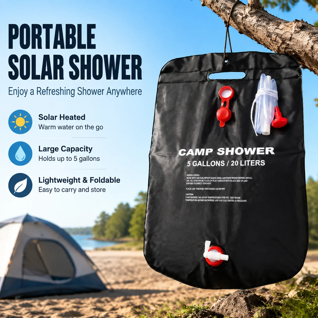 Portable Solar Shower Bag for Camping Hiking Picnic Outdoor Bathing, 6P PVC Foldable Water Carrier Storage Water Bag with