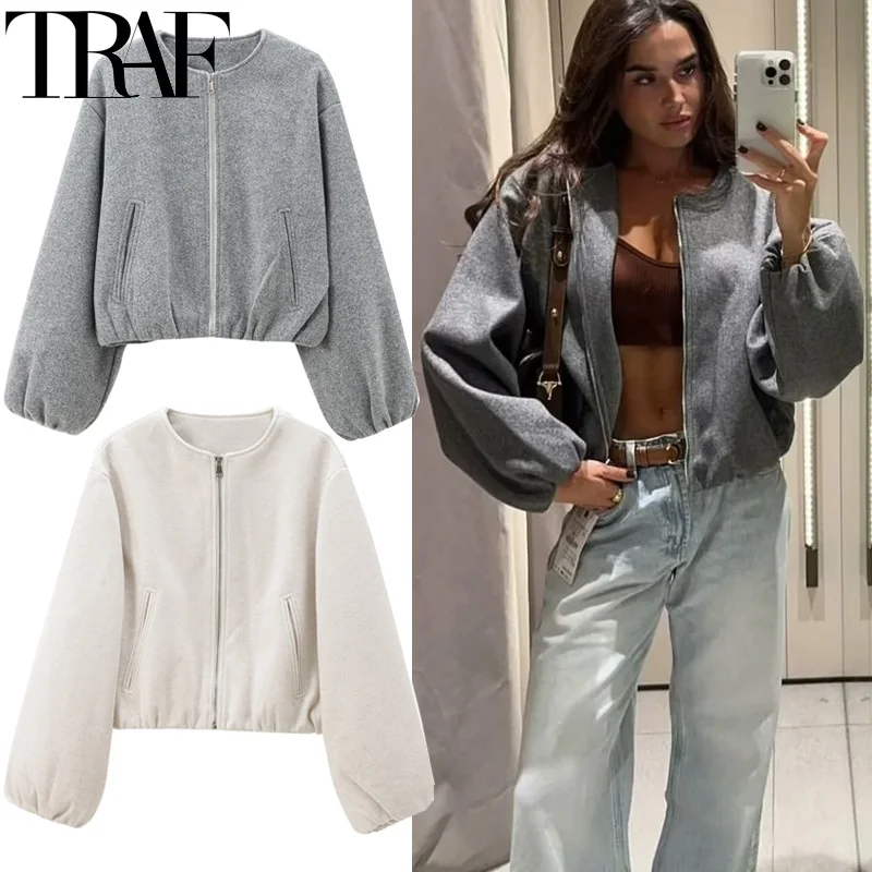 TRAF Outerwears Cropped Bomber Jacket Women Autumn Long Sleeve Faux Wool Coats For Woman Winter Zip Up Gray Beige Short Coats