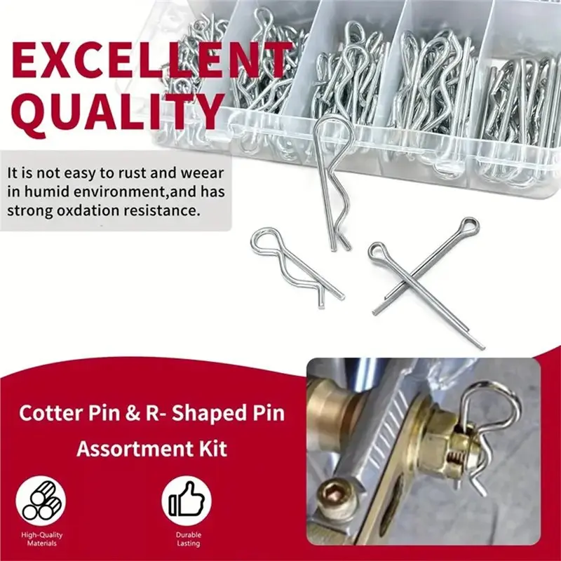 ABUG-Galvanized Steel Cotter Pin Hook Fastener Accessories Kit- Multi-Size Cotter Pin R Clip, 558Pcs Cotter Pin Assortment Kit