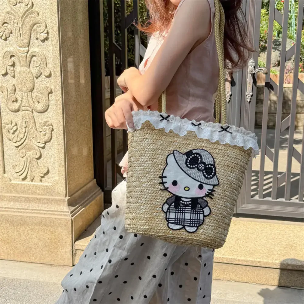 

Новая соломенная сумка Hello Kitty's, сумка через плечо с вышивкой для девочек, летние сумки для женщин, корзина для овощей, большая вместимость
