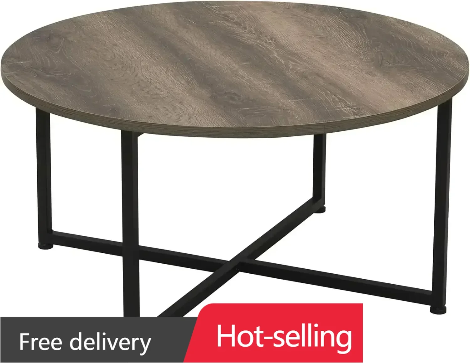 

Круглый журнальный столик Jamestown из ясеня в деревенском стиле с зернистым деревом и черным металлом 31,5 x 31,5, серый