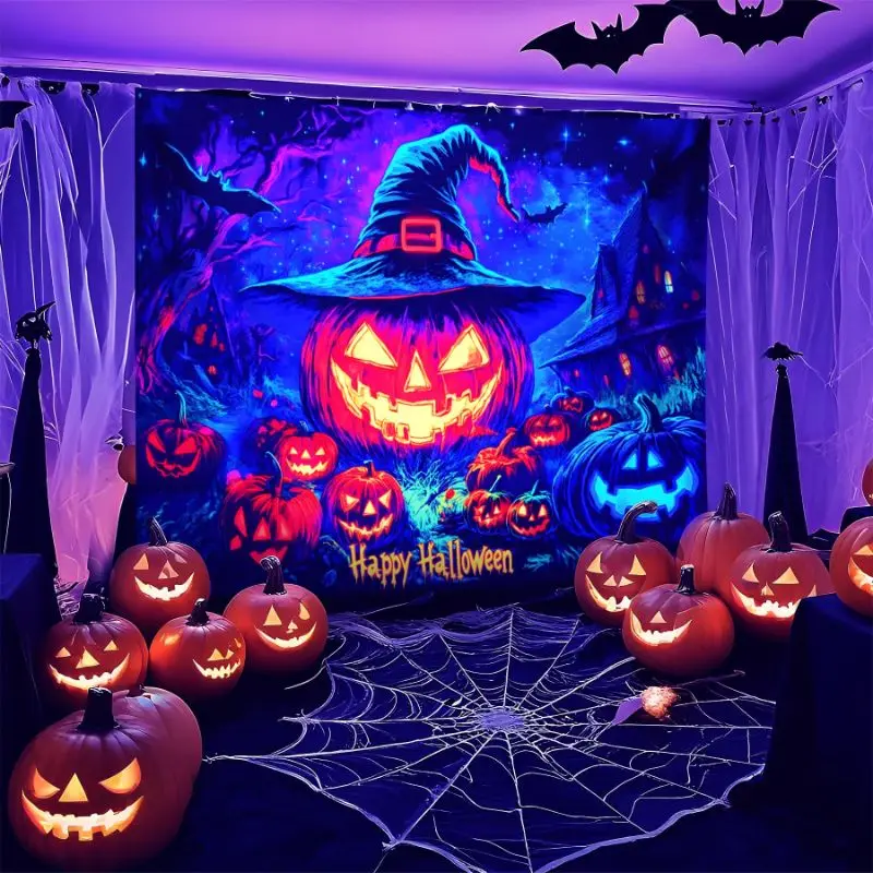 VIKAMA Neon Pumpkin Witch Hat Halloween Christmas Tapestry Purple Blue Glow Jack O Lantern Haunted House Skeleton Bat UV Soft