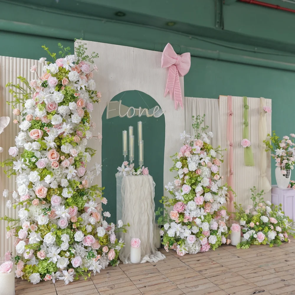 Wedding Event Backdrop Decorations Pink White Greens Light Color Artificial Rose Arrangement for Party KT Board Decors J2507