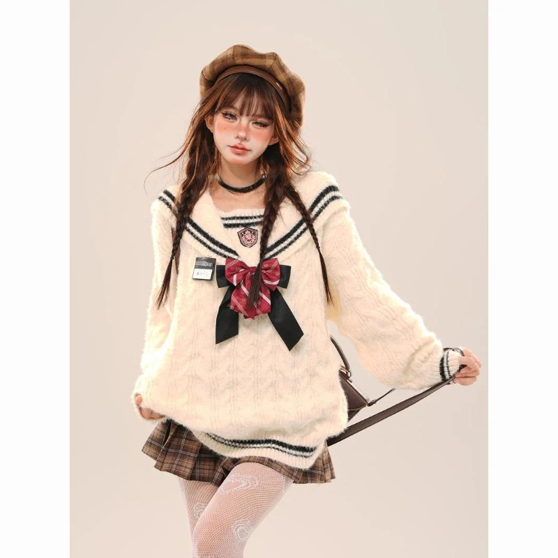 Japanse Kawaii Gebreide Trui Vrouwen Preppy Stijl Koreaanse Sailor Kraag Boog Patchwork Truien Vintage Zoete Y2k Jumpers