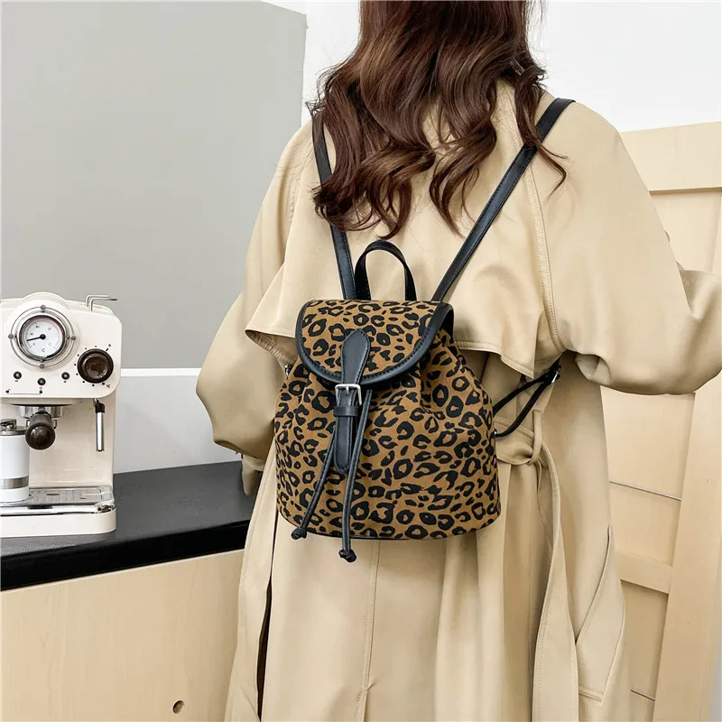 New Girls' Leopard Pattern Backpack High Quality Student School Bag Trend Drawstring Anti theft Design Women's Travel Bag Wallet