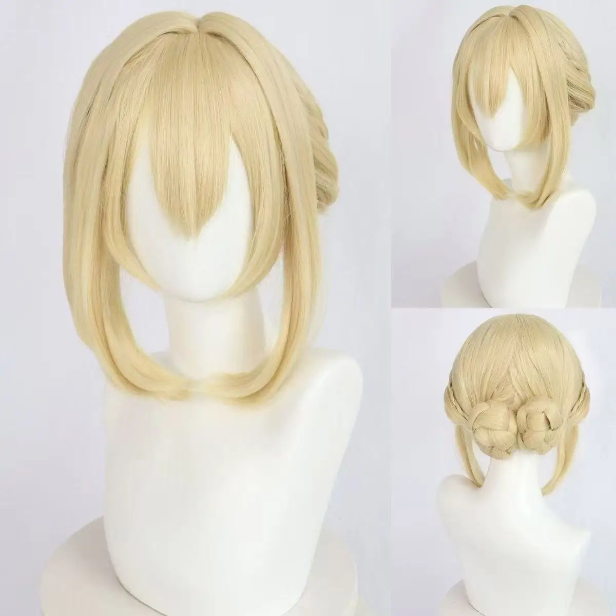 Violet Evergarden Anime Violet Cosplay Wig Blonde Double Braided Buns Updo Synthetic Hair Wig Halloween Role‑Play Wig
