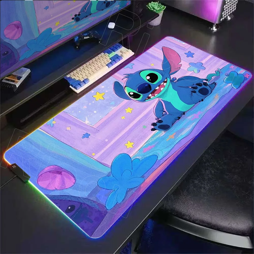 

New RGB Stitch Luminous Mouse Pad PC Kawaii Anime Colorful Mousepad XXL Gamer Cabinet Keyboard Rug Laptop Gaming Extend Desk Mat