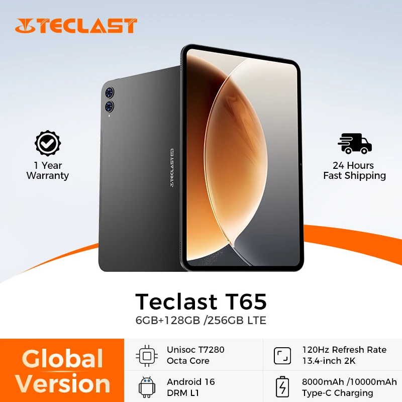 Планшет Teclast T65, 13.4 дюйма, 2K, 120 Гц дисплей, Unisoc T7280 Octa Core, до 26 ГБ ОЗУ, 128 ГБ ПЗУ, аккумулятор 8000 мАч, Android 16, LTE