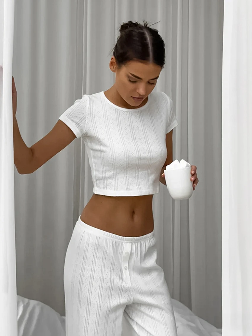 Marthaqiqi Casual Ladies Nightwear Set O-Neck Sleepwear Short Sleeve Pajamas Crop Top Nightie Pants White Female Nightgowns Suit