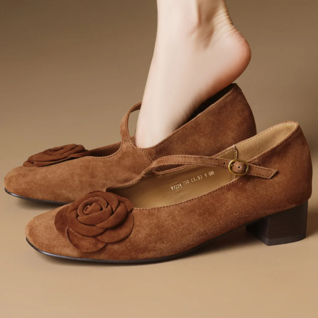 

Plus size 34-43 women's natural suede leather flower decoration metal buckle slip-on Mary Jane pumps 3.5cm tick low heel shoes