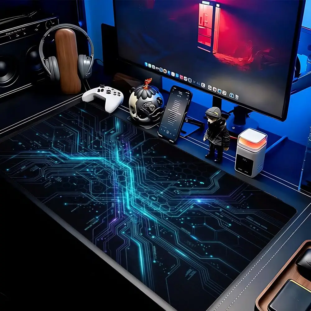 Large Futuristic Cyber Tech Circuit XXL Mousepad Neon Glow Hex Pattern Deskmat Non-Slip Rubber Gaming Pc Keyboard Gamer Mats