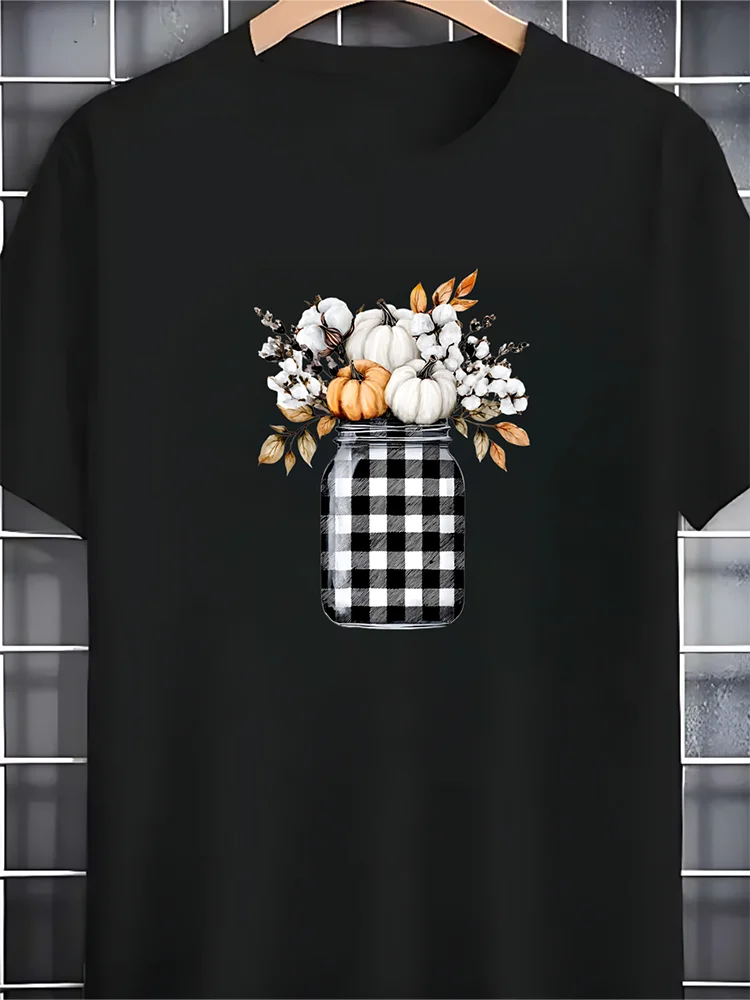 

Men's Black Crew Neck T-Shirt Buffalo Plaid Mason Jar with Pumpkins and Cotton T-Shirt WHX 180g
