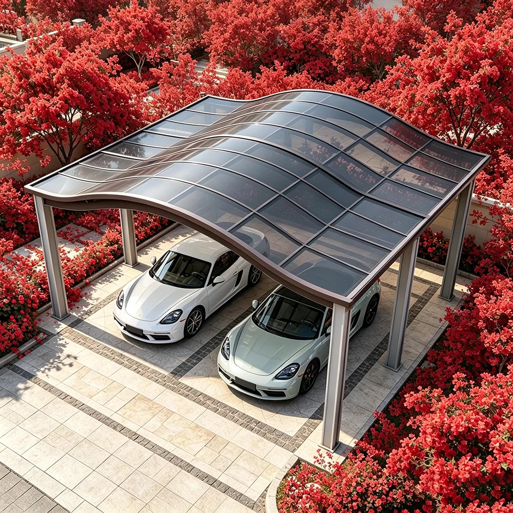 Backyard Curved Aluminum Carport, Anti-UV Outdoor PC Roof Panels,Sturdy Double Car Roof Shelter for Sports Cars & Daily Vehicles
